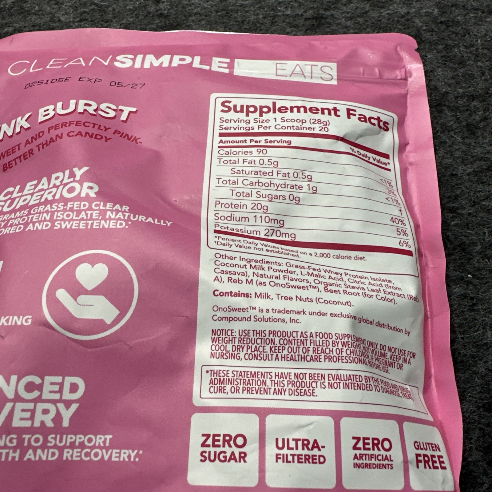 Clean Simple Eats Clear Whey Protein Powder Pink Burst Ultra-Filtered 19.8 oz