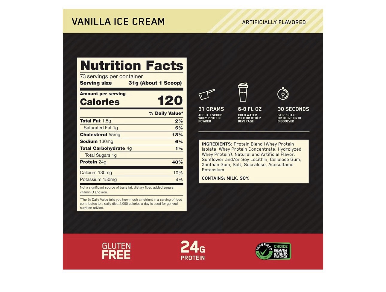Optimum Nutrition, Gold Standard 100% Whey Protein Powder, Vanilla Ice Cream 5lb