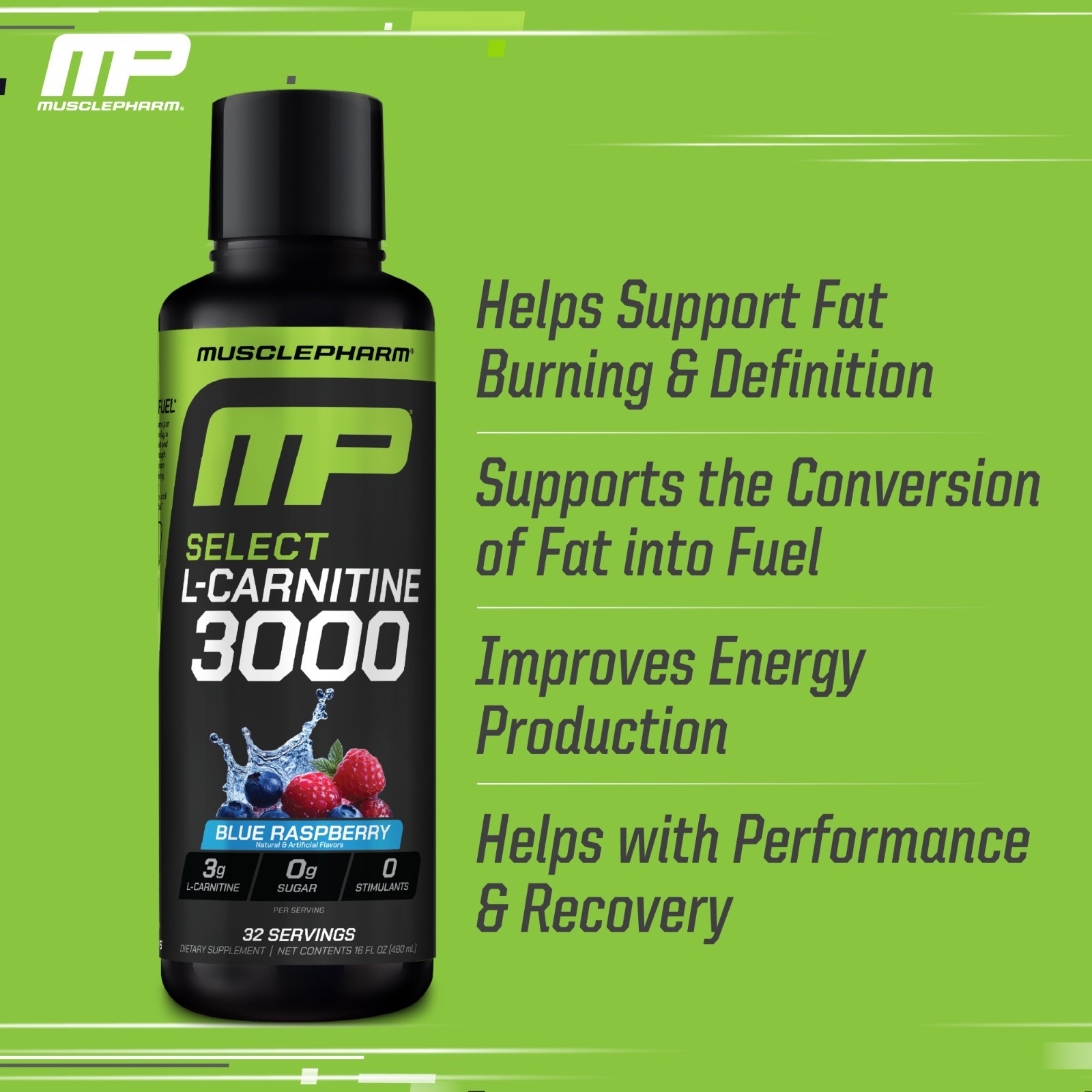 MusclePharm High Performance Liquid L-Carnitine 3000 Blue Raspberry 32 Servings