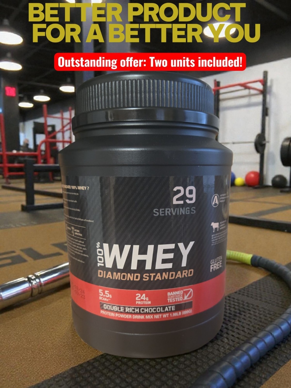 100% Whey Protein Powder Double Rich Chocolate 29 Servings 5.5g BCAAs Gluten-Fre