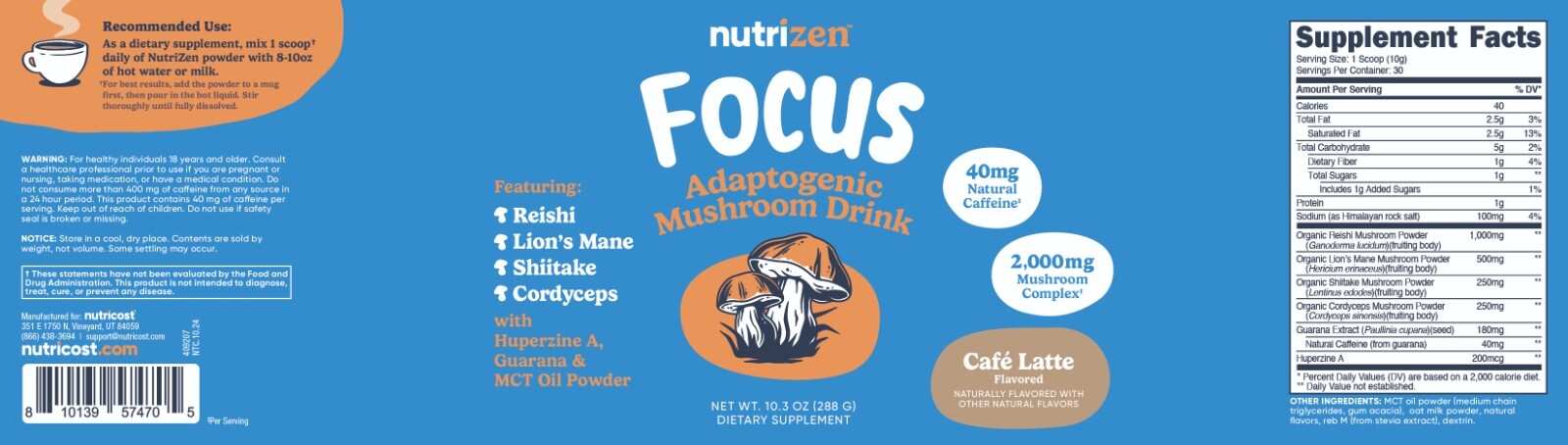 Nutricost Nutrizen AM Focus Adaptogenic Mushroom Drink (Cafe Latte Flavored)