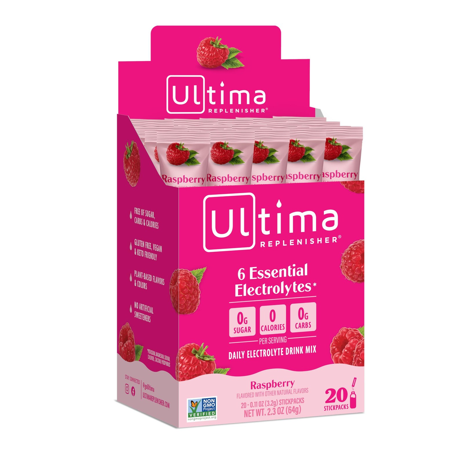 6/27 Ultima Replenisher, Electrolyte Hydration Drink Mix, Raspberry, 20 Count SF