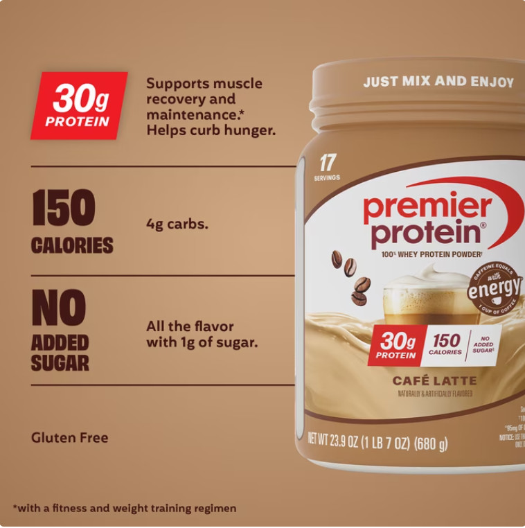 2 Pack Premier Protein 100% Whey Protein Powder,Café Latte,30g Protein,23.9oz Pk