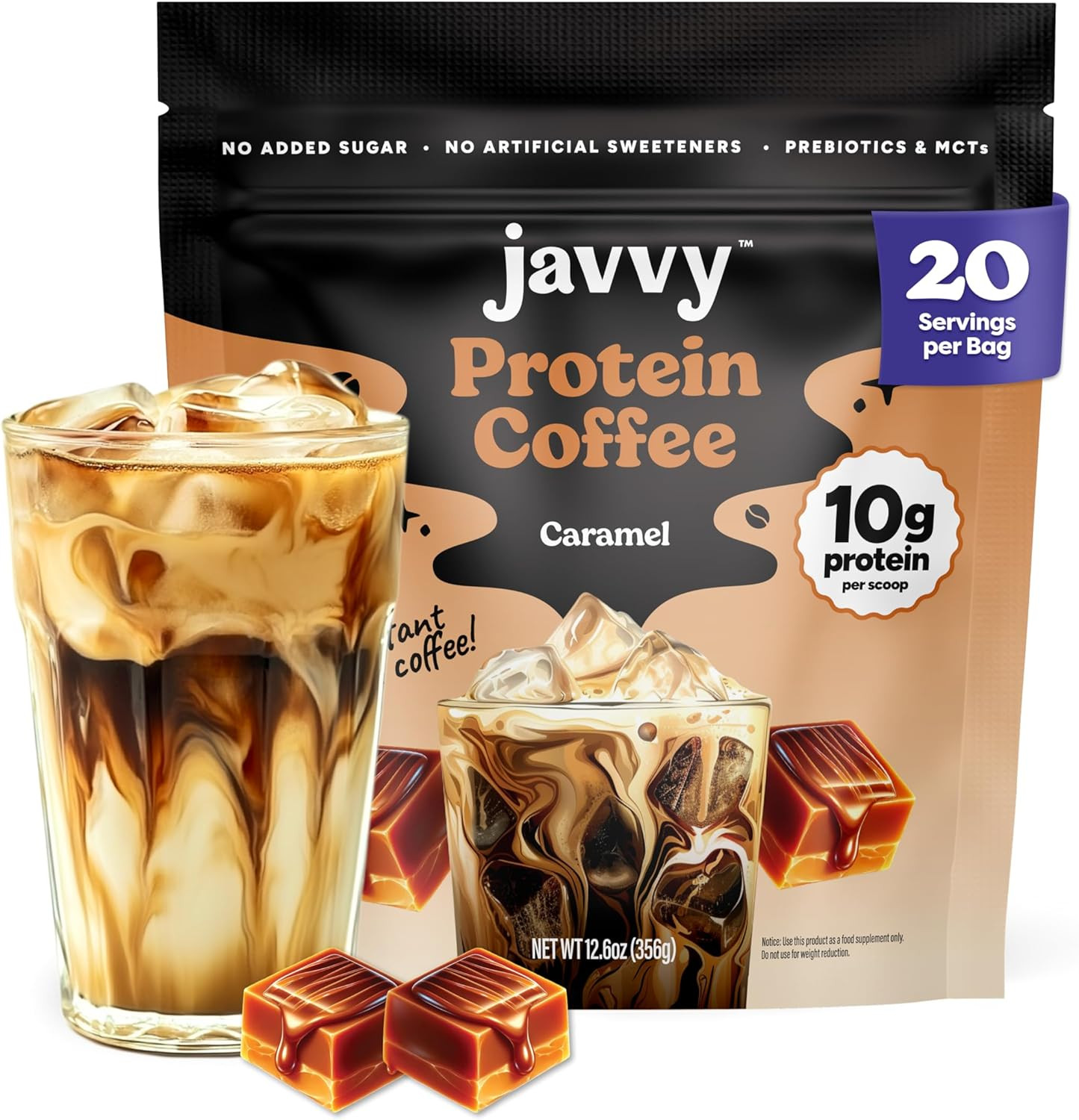 Javvy Protein Iced Coffee Caramel Whey Protein Cold Brew 20 Servings 12.6oz BEST