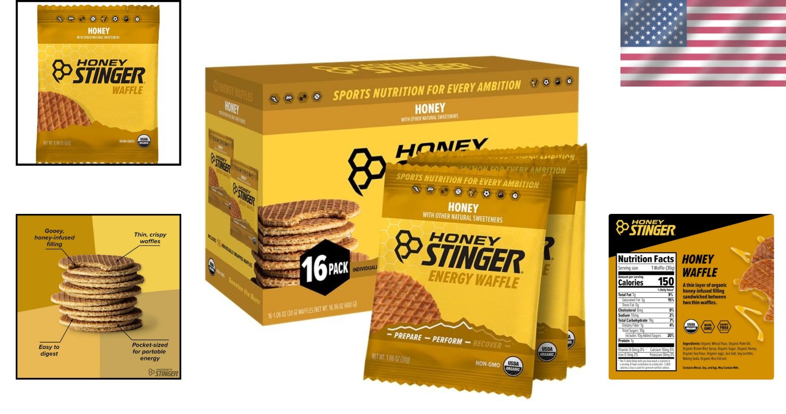 Organic Honey Waffle Energy Stroopwafel for Exercise Performance 16ct