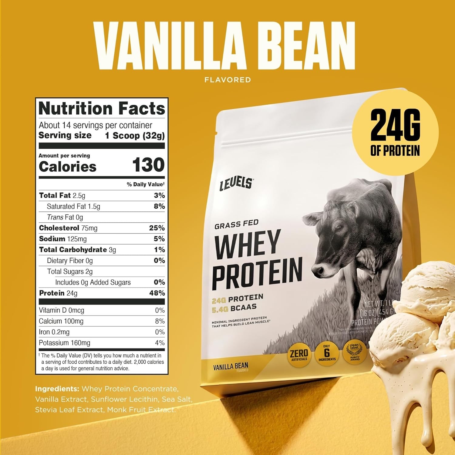 Clean & Gluten-Free Grass Fed Whey Protein, 24g Protein, Vanilla Flavor, 1LB