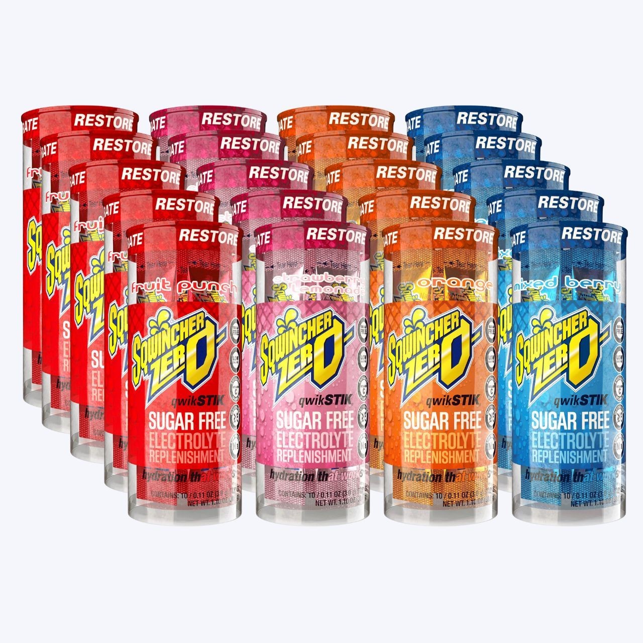 250 packs Squincher Zero Electrolyte Powder Packets Lot of 25 tube Variety Pack