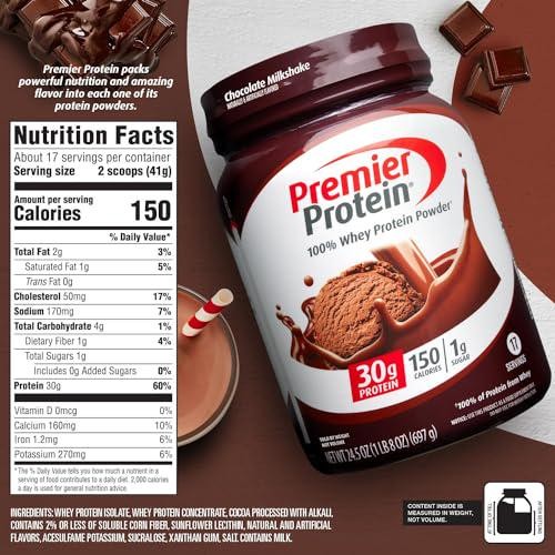 Premier Protein Powder, Chocolate Milkshake, 30g Protein, 1g Sugar, 100% Whey No
