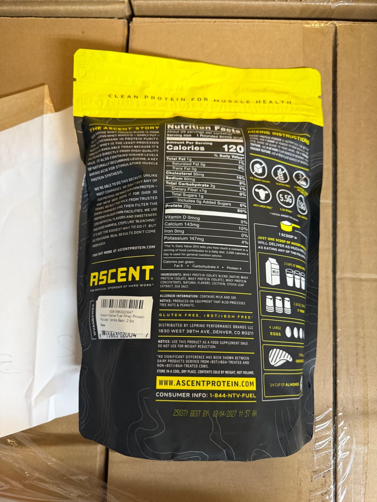 Ascent Native Fuel Whey Protein Powder, 32 oz – Vanilla Bean NEW EXP 02/04/27