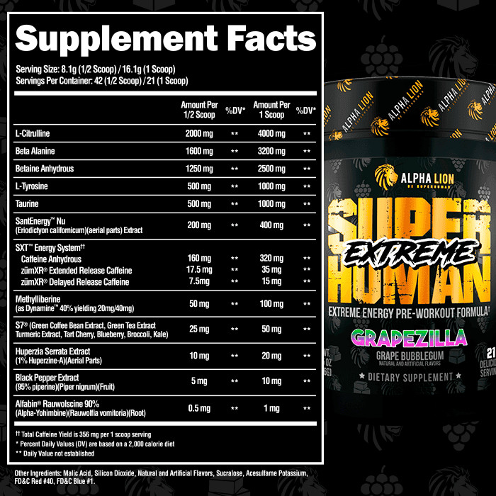 Alpha Lion Superhuman Extreme Hardcore Pre-Workout 21 Servings GRAPEZILLA