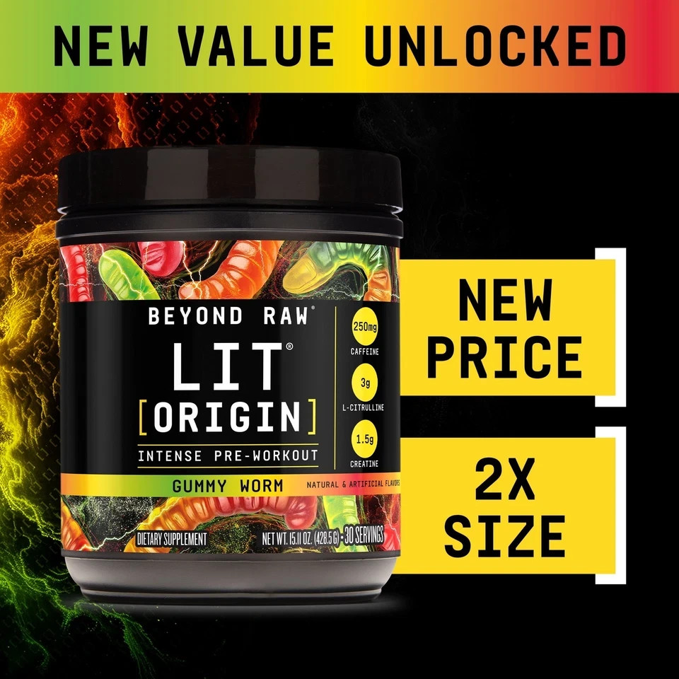 Beyond Raw LIT Origin Pre Workout Powder, Gummy Worm, for Men & Women, Energy