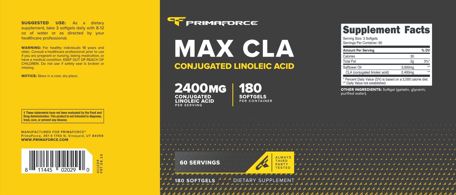 PrimaForce Max CLA Supplement, 180 Softgels, 60 Servings, 2400 mg Per Serving
