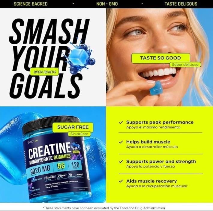 Thinbi Creatine Gummies 120 Count 5g Creatine Sugar Free Blueberry Exp 2028