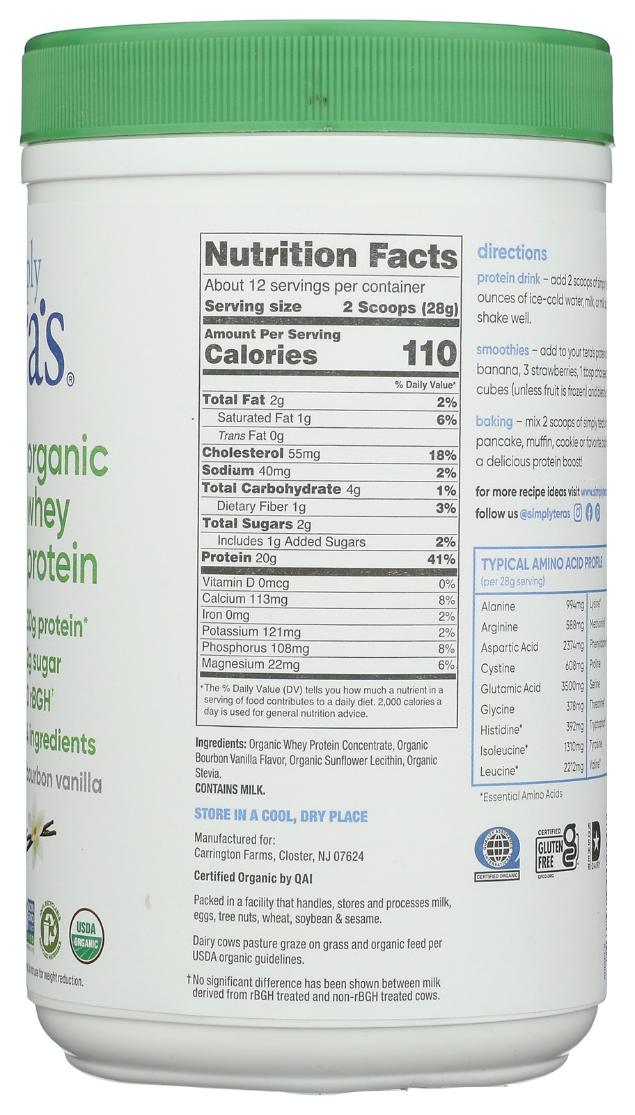 Organic Bourbon Vanilla Whey Protein By Simply Tera’S 12 Oz Powder 1 Pack