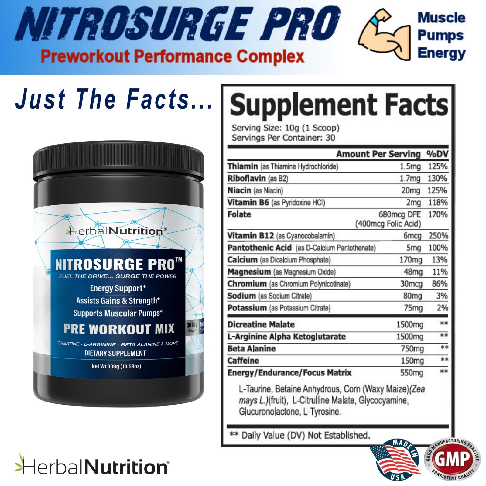 Nitrosurge Pro Pre Workout Powder w/ Creatine Nitric Oxide Booster 300g