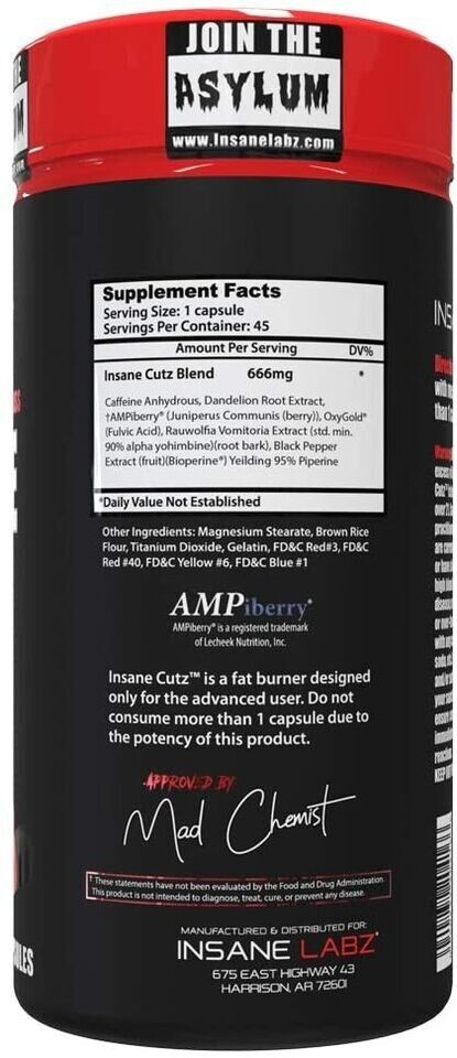 Insane Labz Insane Cutz Extreme Energy Fat Burner Thermogenic 45 Capsules New