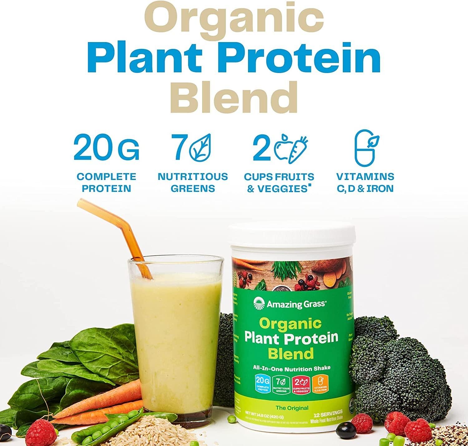 Amazing Grass – Organic Vegan Plant-Based Protein Powder – 20 Servings – Vanilla