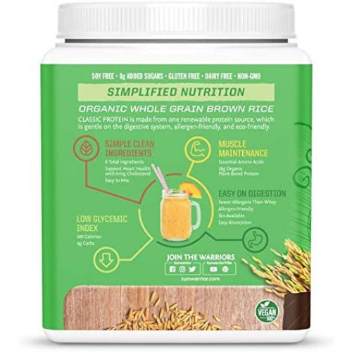 SUNWARRIOR Organic Classic Chocolate Protein, Plant-Based Protein Powder, 375g