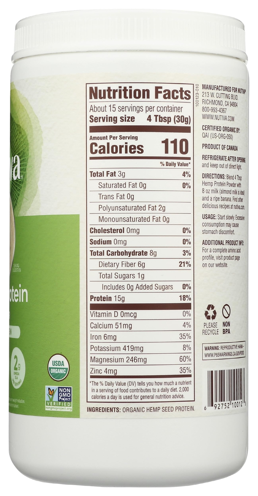 Nutiva Organic Cold Processed Hemp Seed Protein Powder 15g Protein 15 Servings