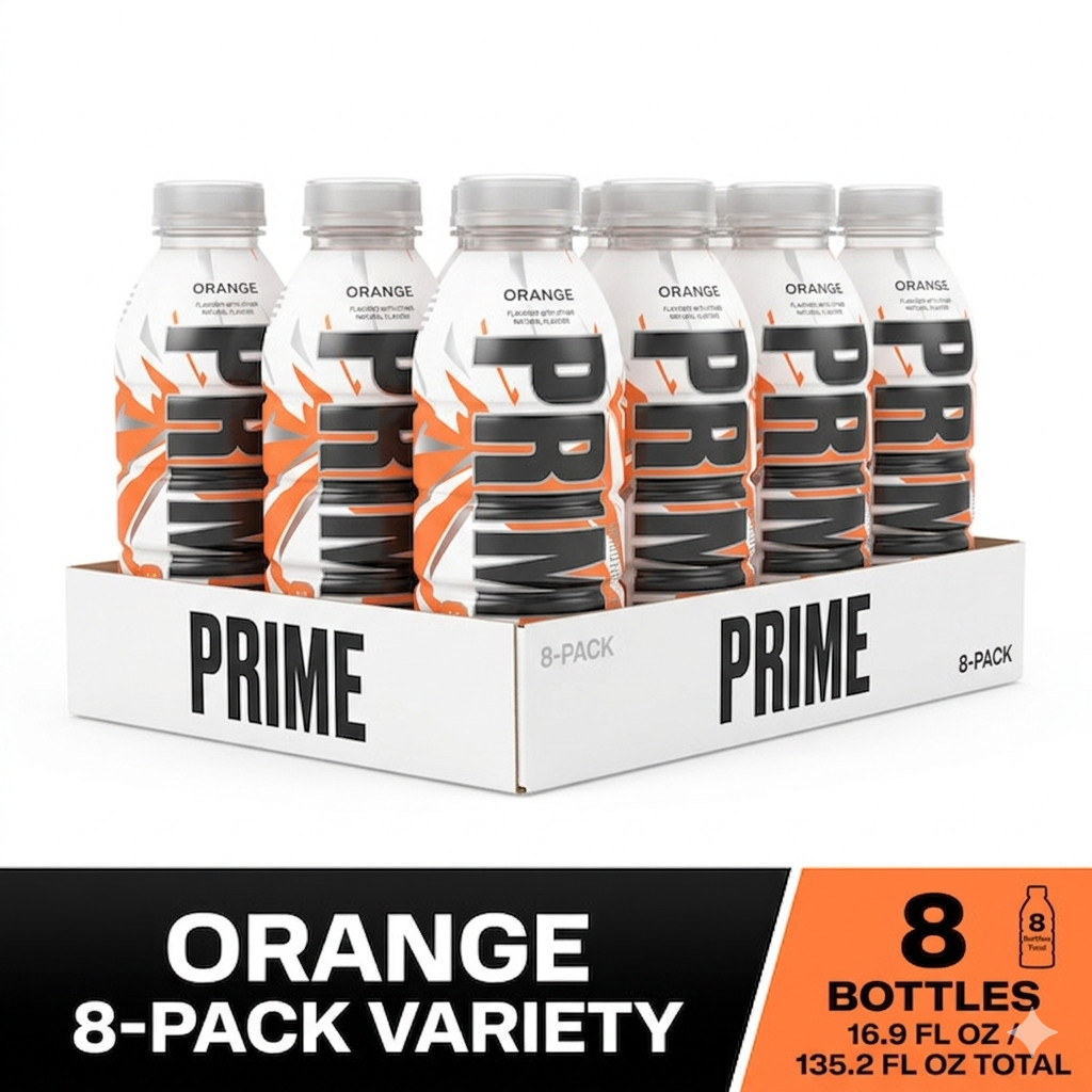 PRIME Ice Orange Hydration Drink 16.9oz 8 Pack Electrolyte Beverage