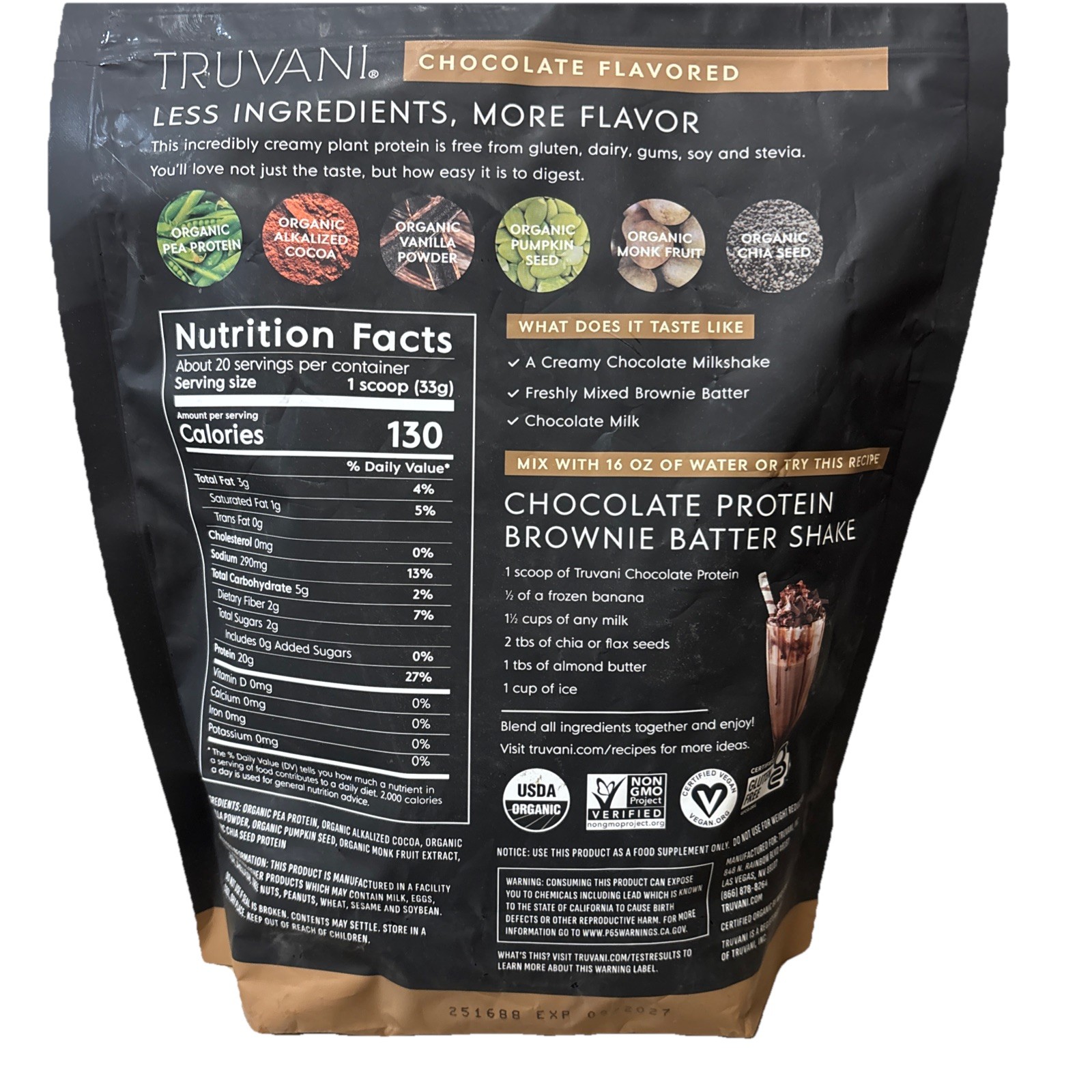 Truvani Vegan Pea Protein Powder Chocolate 1.5lb Organic Plant Based BB 09/2027