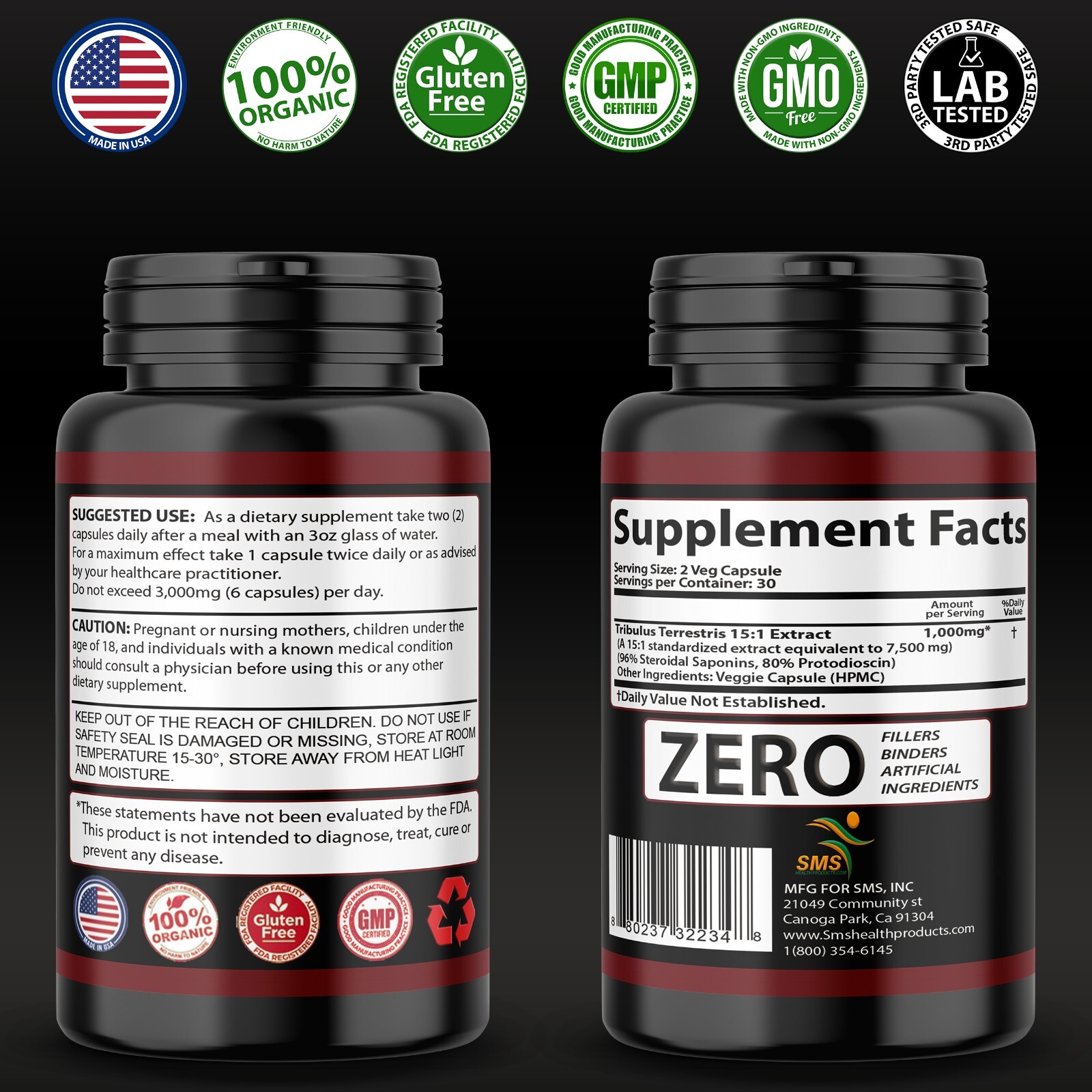Tribulus Terrestris 3000mg Daily Extract 60 Capsules Vegan Friendly Sport Gym