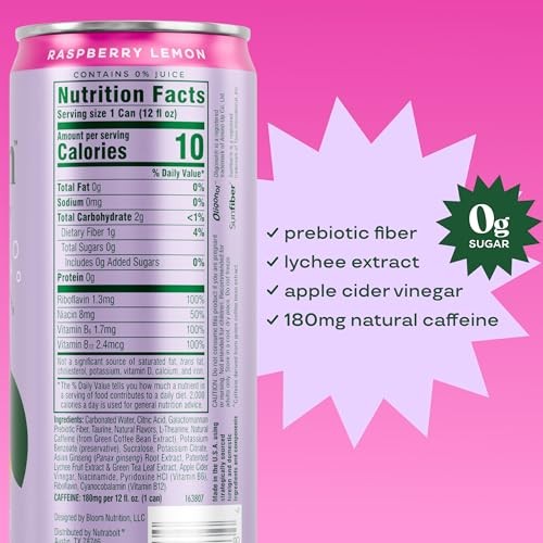 Bloom Nutrition Sparkling Energy Drink 12 Fl Oz (Pack of 12) Raspberry Lemon