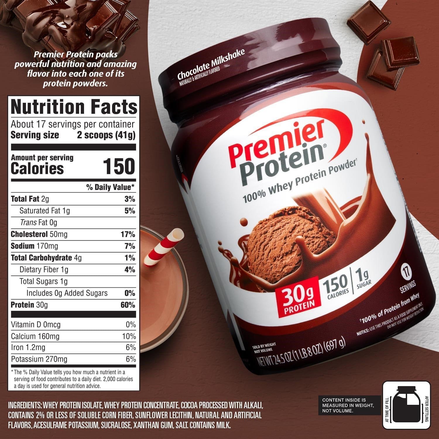 Premier Protein 100% Whey Protein Powder, Chocolate Milkshake, 30g Protein, 24.5
