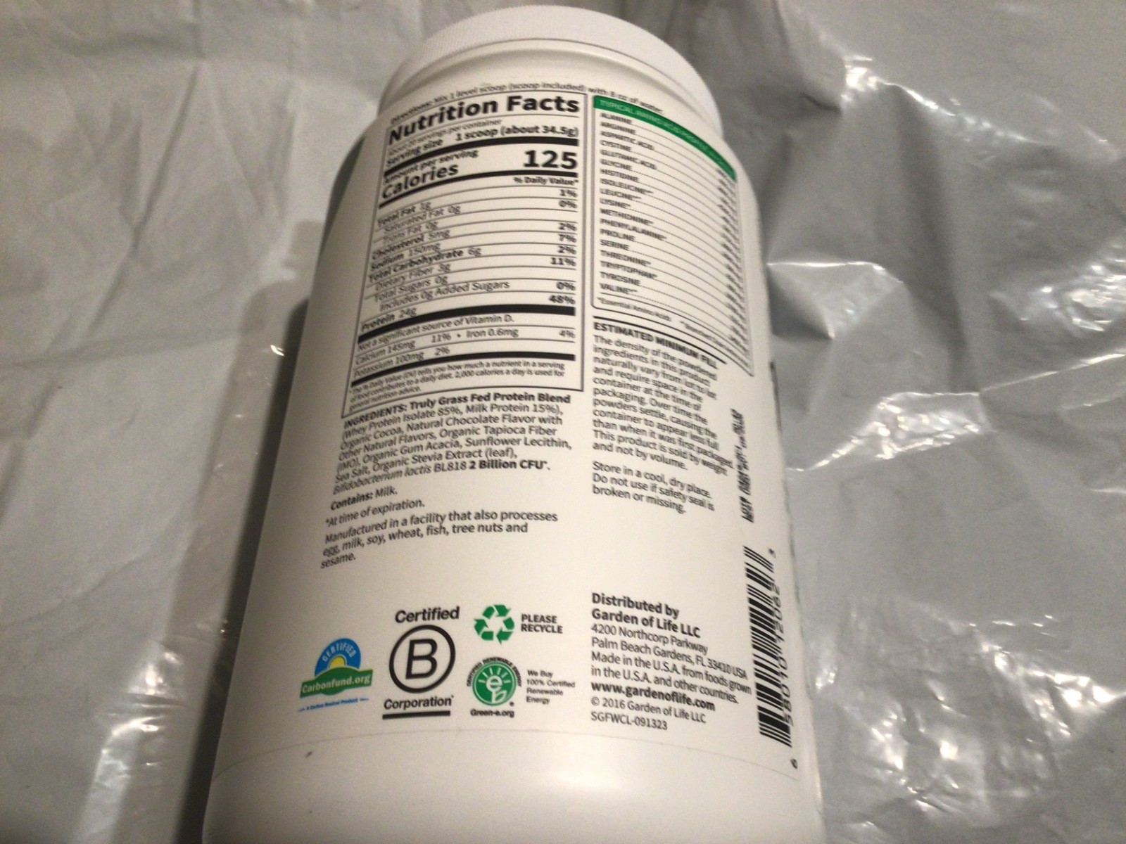 Garden of Life Certified Grass Fed Whey Protein Chocolate wt 24.33 oz NEW 9/26