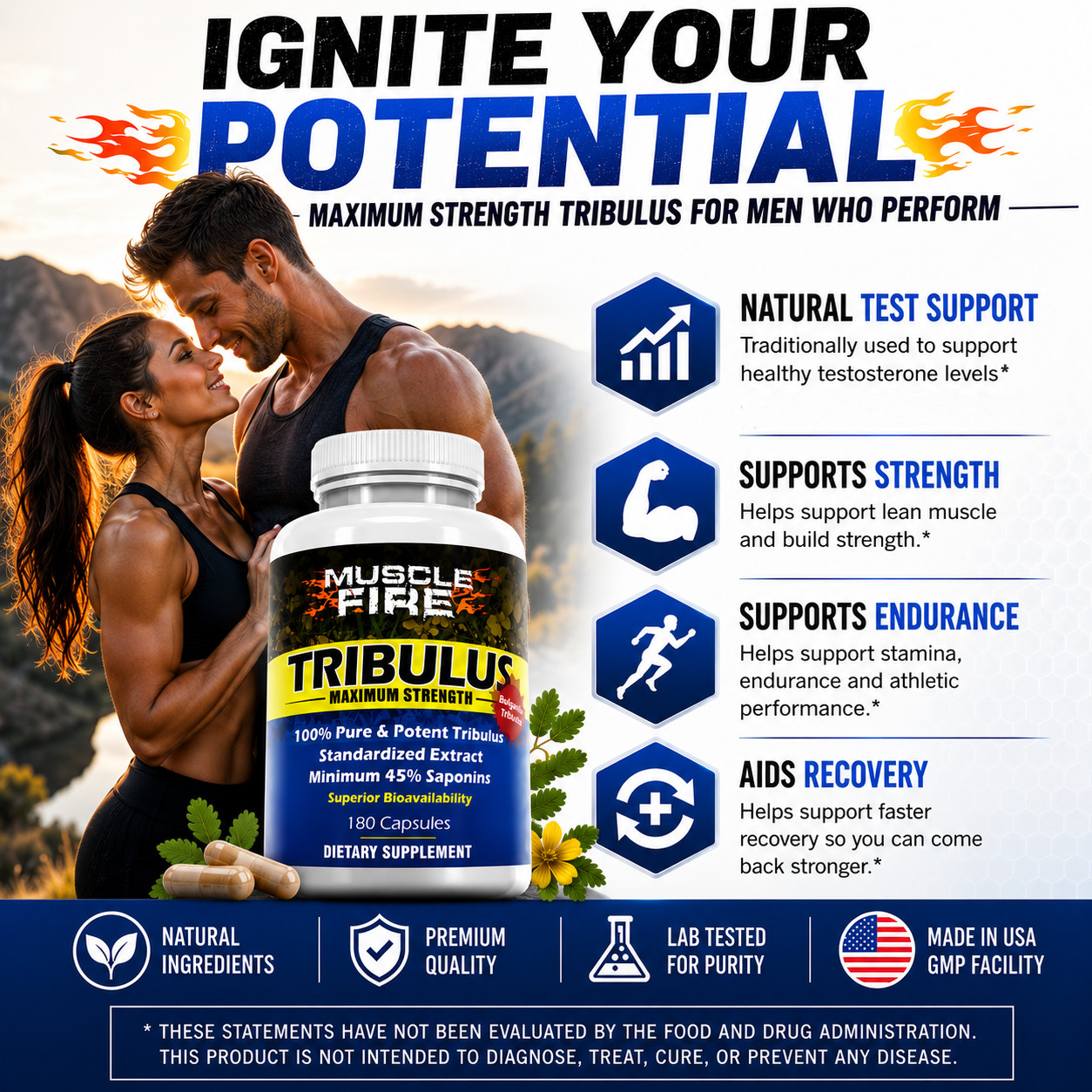 Tribulus Terrestris for Men 1500mg 45% Saponins 180 Powder Capsules