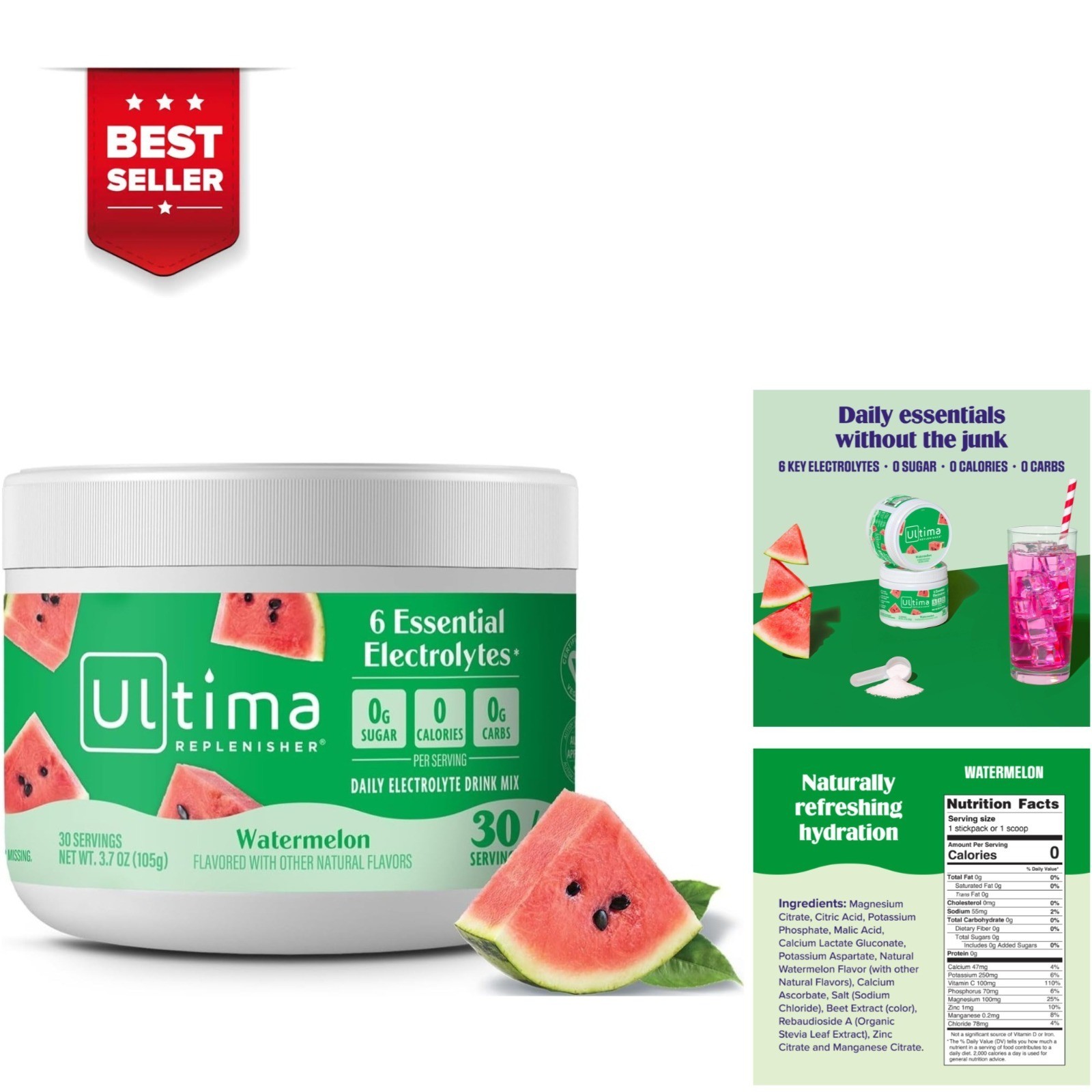 Ultima Replenisher Electrolyte Powder Drink Mix – Watermelon, 30 Servings