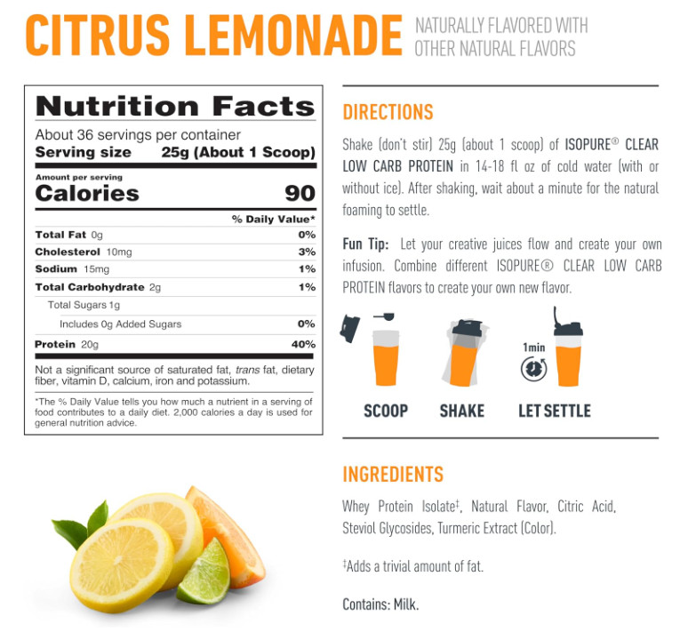 Isopure Clear Whey Isolate Protein Citrus Lemonade, 36 Servings, 1.9 lb