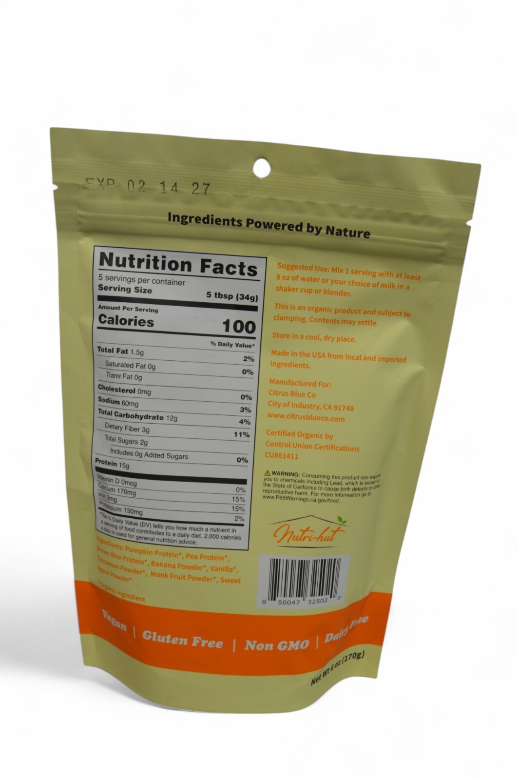 Nutri-hut Banana Plant Based Protein Powder 6oz Vegan Organic Non-GMO New