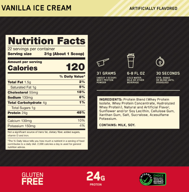 Optimum Nutrition Gold Standard 100% Whey Protein Vanilla Ice Cream 22 Servings