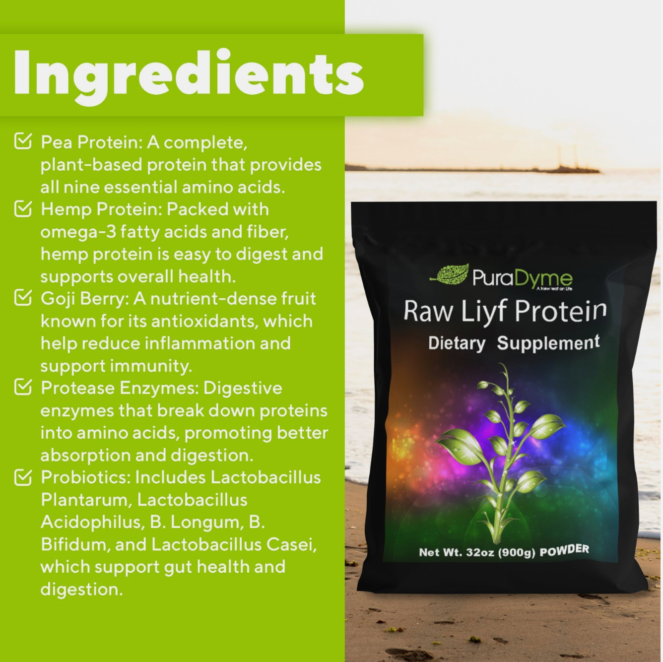 Puradyme Raw Liyf Protein Powder – Vegan Plant-Based | Enzyme Enhanced | 32oz