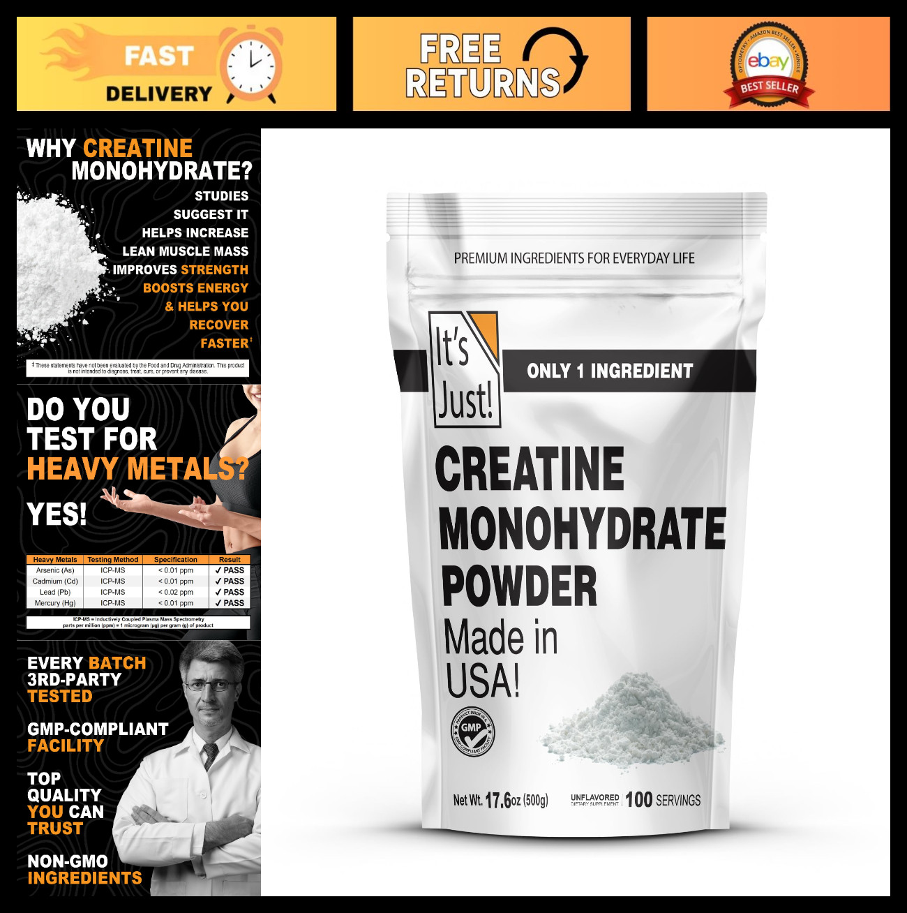 Pure Creatine Monohydrate Powder – 5g/Serving, Unflavored, 500g, Lab Tested, No