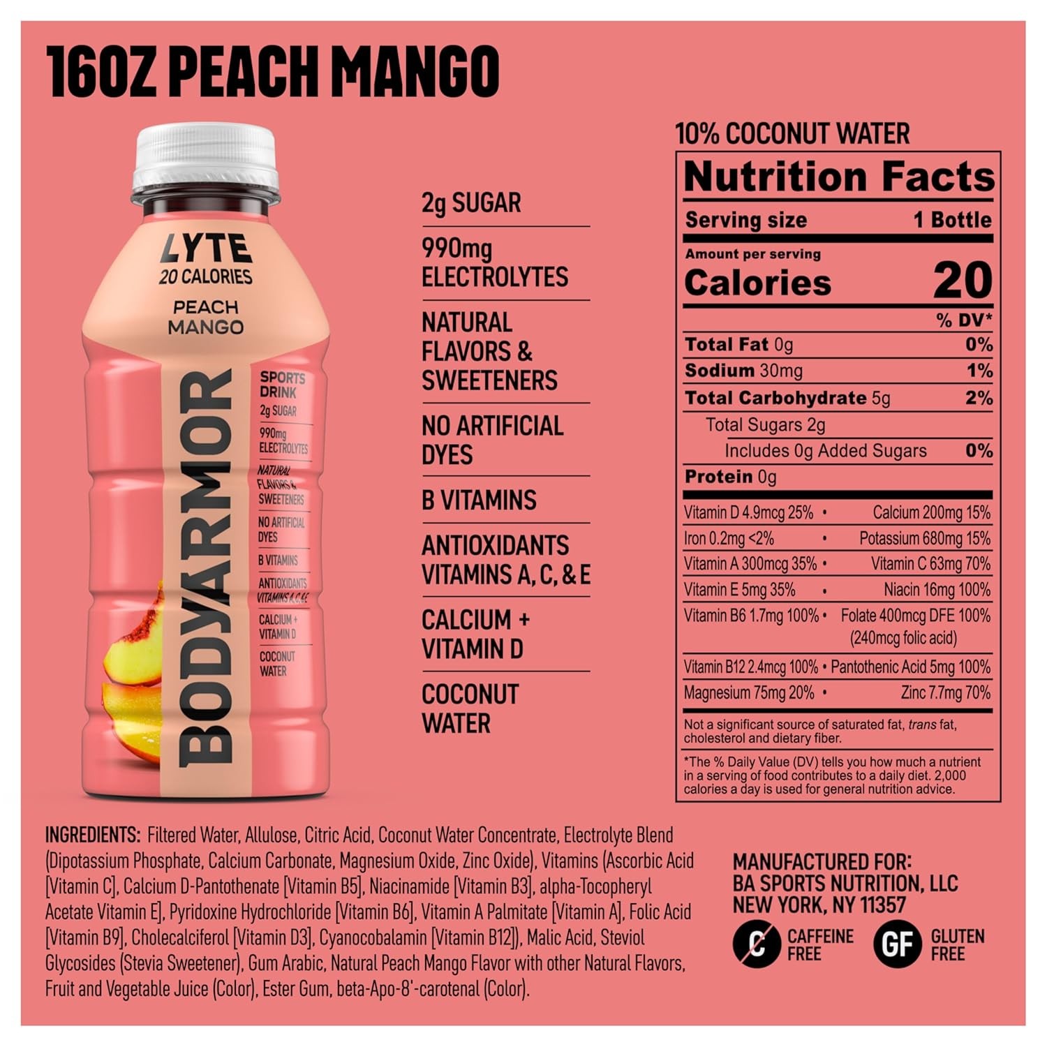 BODYARMOR LYTE Sports Drink Low-Calorie Sports Beverage Peach Mango 16 Oz 12 Pk