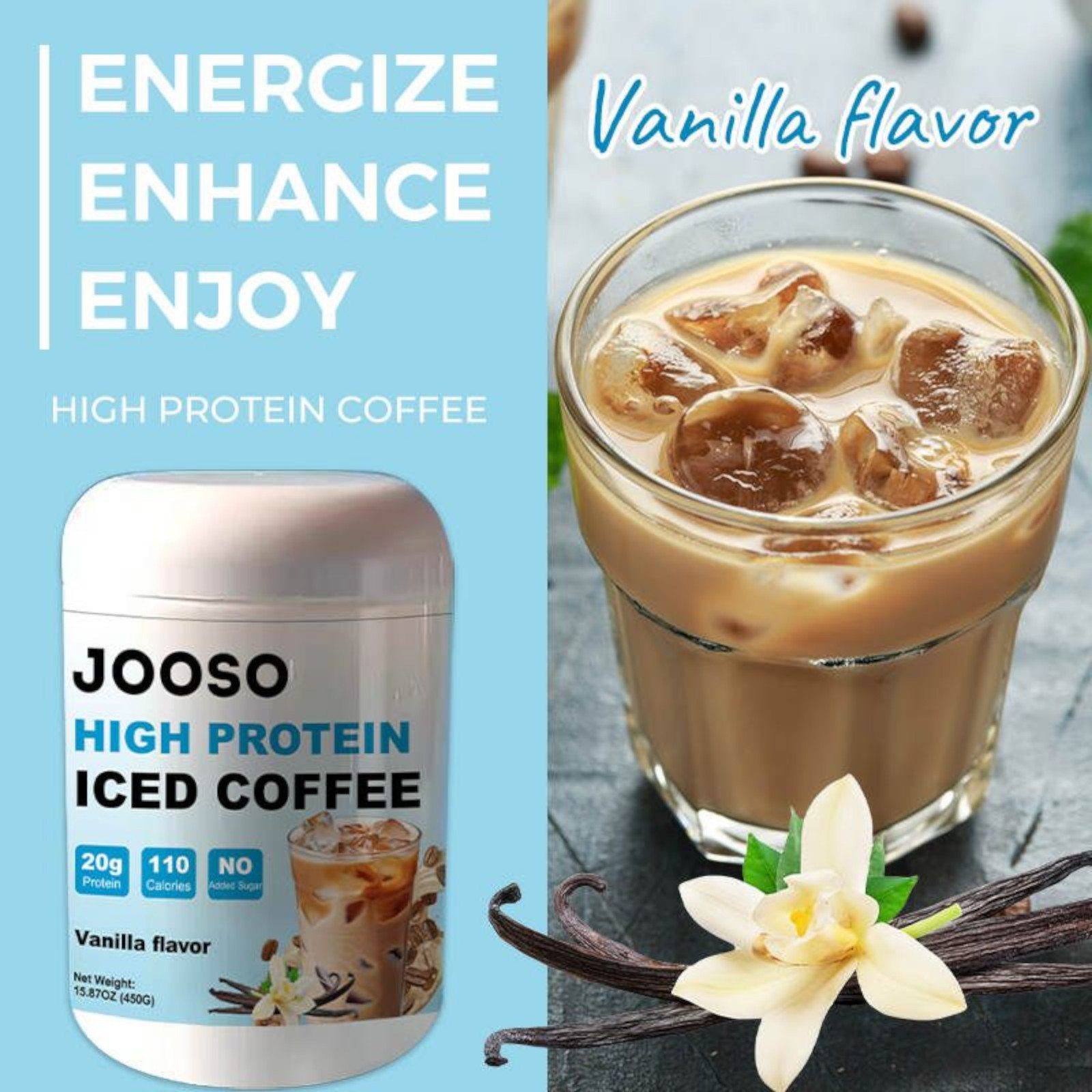 Jooso High Protein Iced Coffee, vanillaflavor, 15.87 oz (450g)
