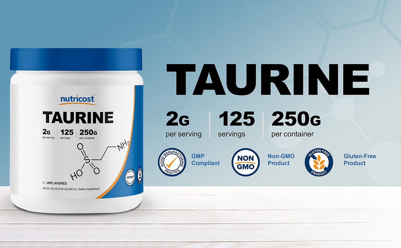 Nutricost Taurine Powder 250 Grams – 125 Servings, 250 Gram (Pack of 1)