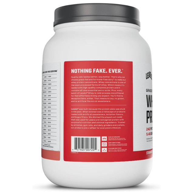 Levels Grass Fed Whey Protein Strawberry 2LB 24g Protein No Artificial