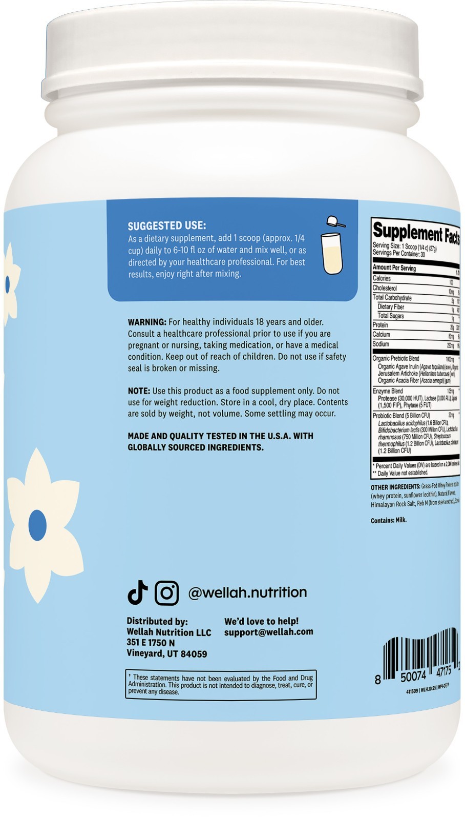 Wellah Grass-Fed Whey Protein Isolate Powder (Vanilla) 30 Servings -100 Calories