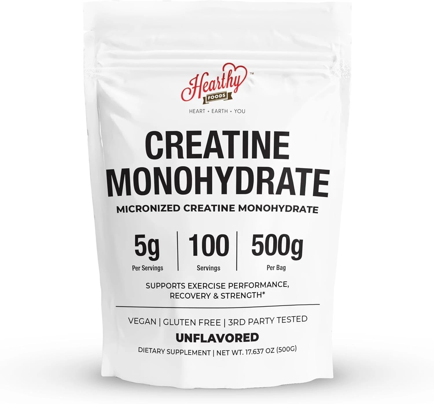 HEARTHY FOODS Creatine Monohydrate Micronized Powder 500G – 100 Servings, 5000mg