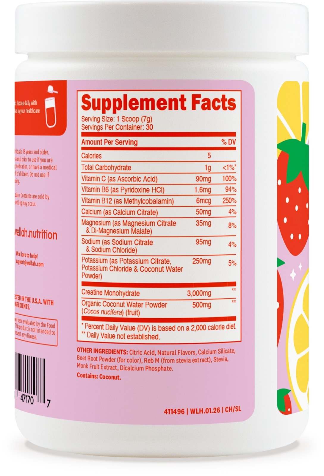 Wellah Creatine + Hydration Powder (Strawberry Lemonade) 30 Servings – Drink Mix