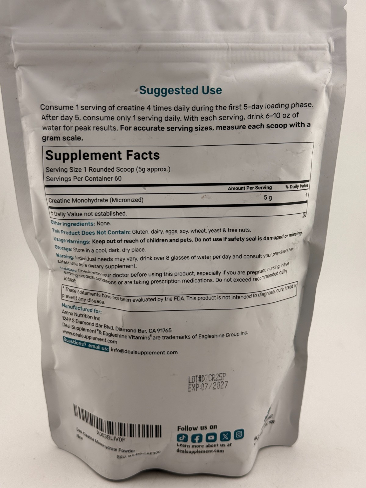 Instant Creatine Monohydrate Powder, 5g Per Serving – 10.6oz 7/27