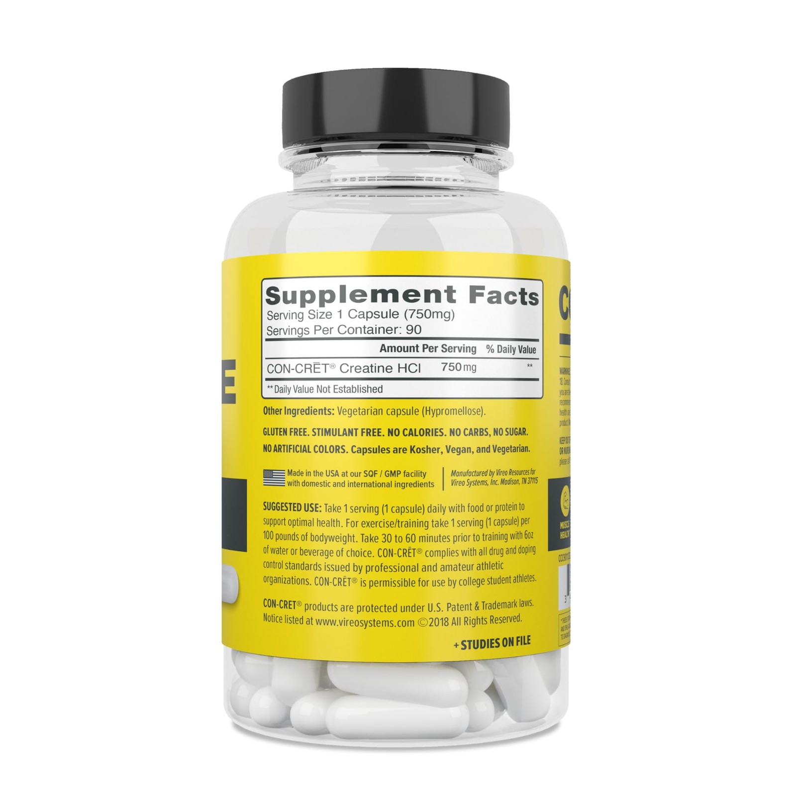 CON-CRET Creatine HCl Capsules | Muscle, 72 Count (Pack of 1), Clear
