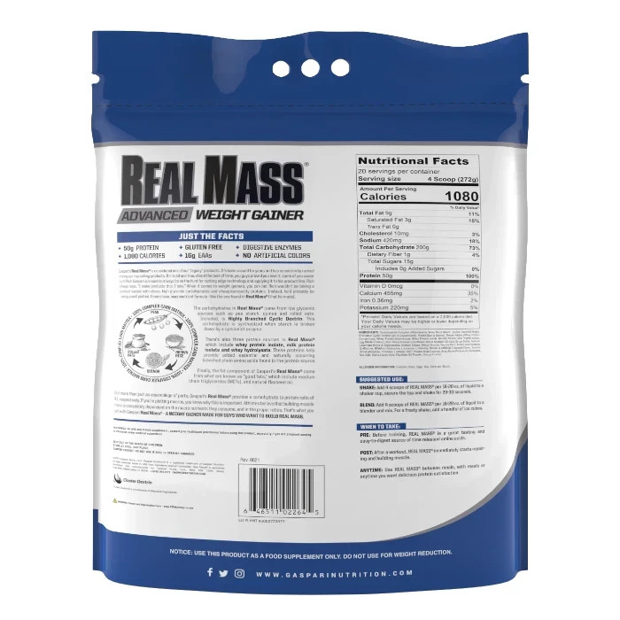 Gaspari Nutrition Real Mass Advanced Weight Gainer Vanilla Milkshake 12 lbs