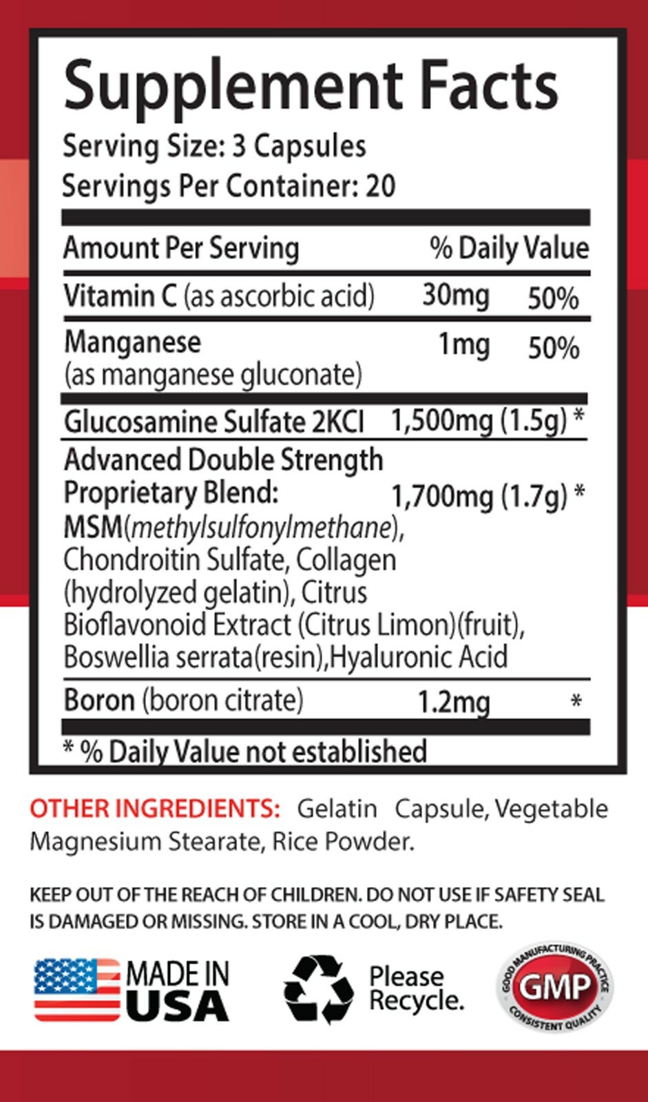glucosamine supplement, GLUCOSAMINE CHONDROITIN & MSM, reduce joint stiffness 2B