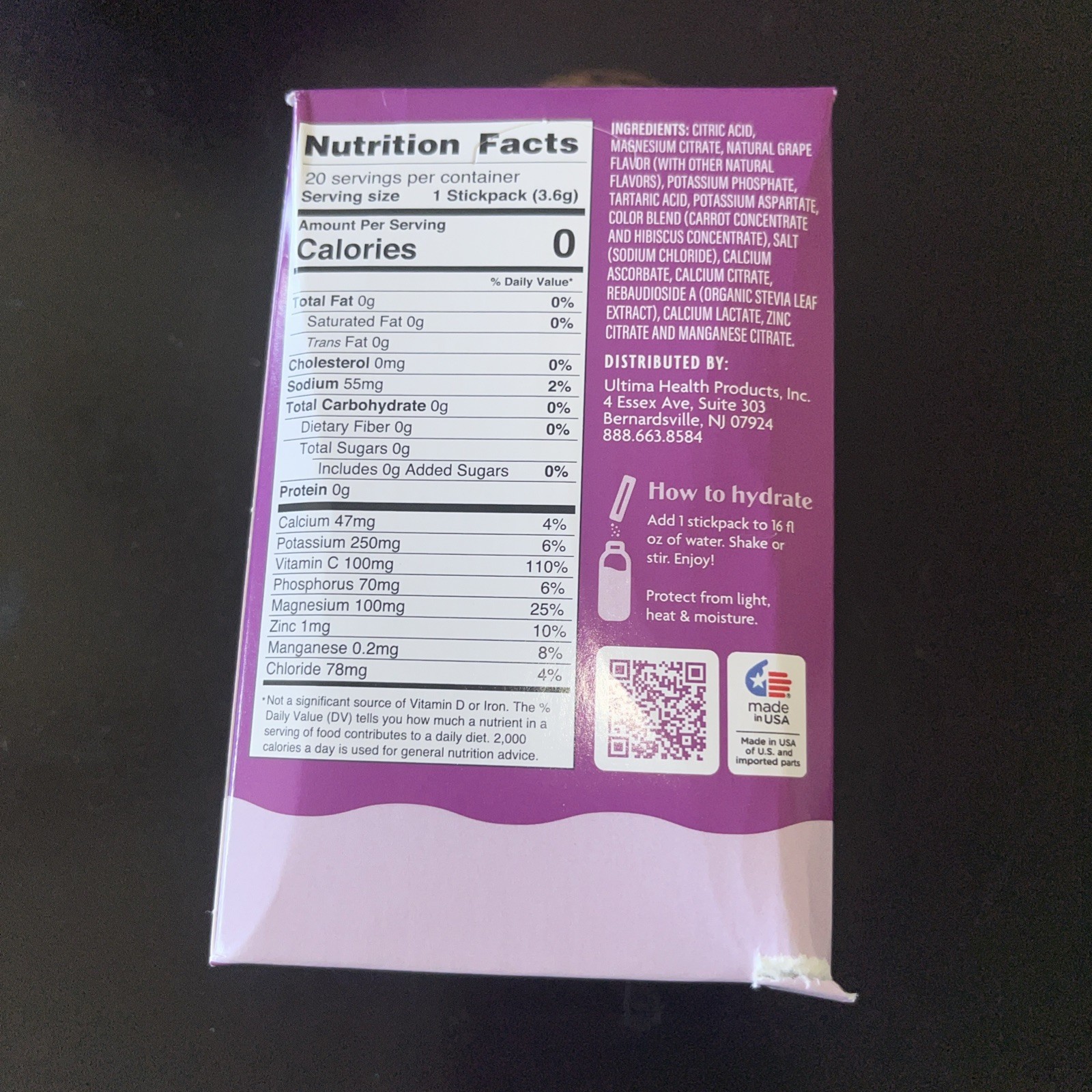 Ultima Replenisher Hydrating Electrolyte Powder Grape 20 Ct Stick pack Box 2028