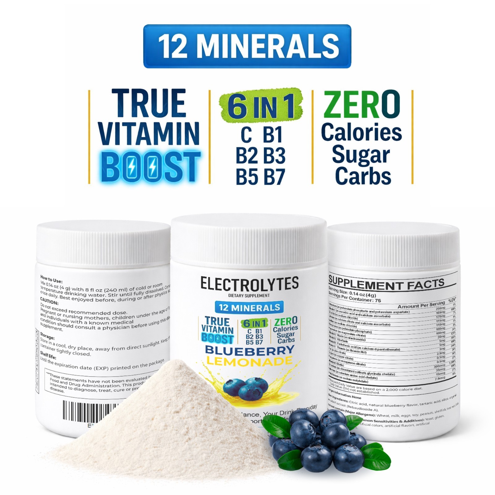 Electrolyte Complex Hydration Powder | 6 Vitamins + 12 Minerals | Blueberry