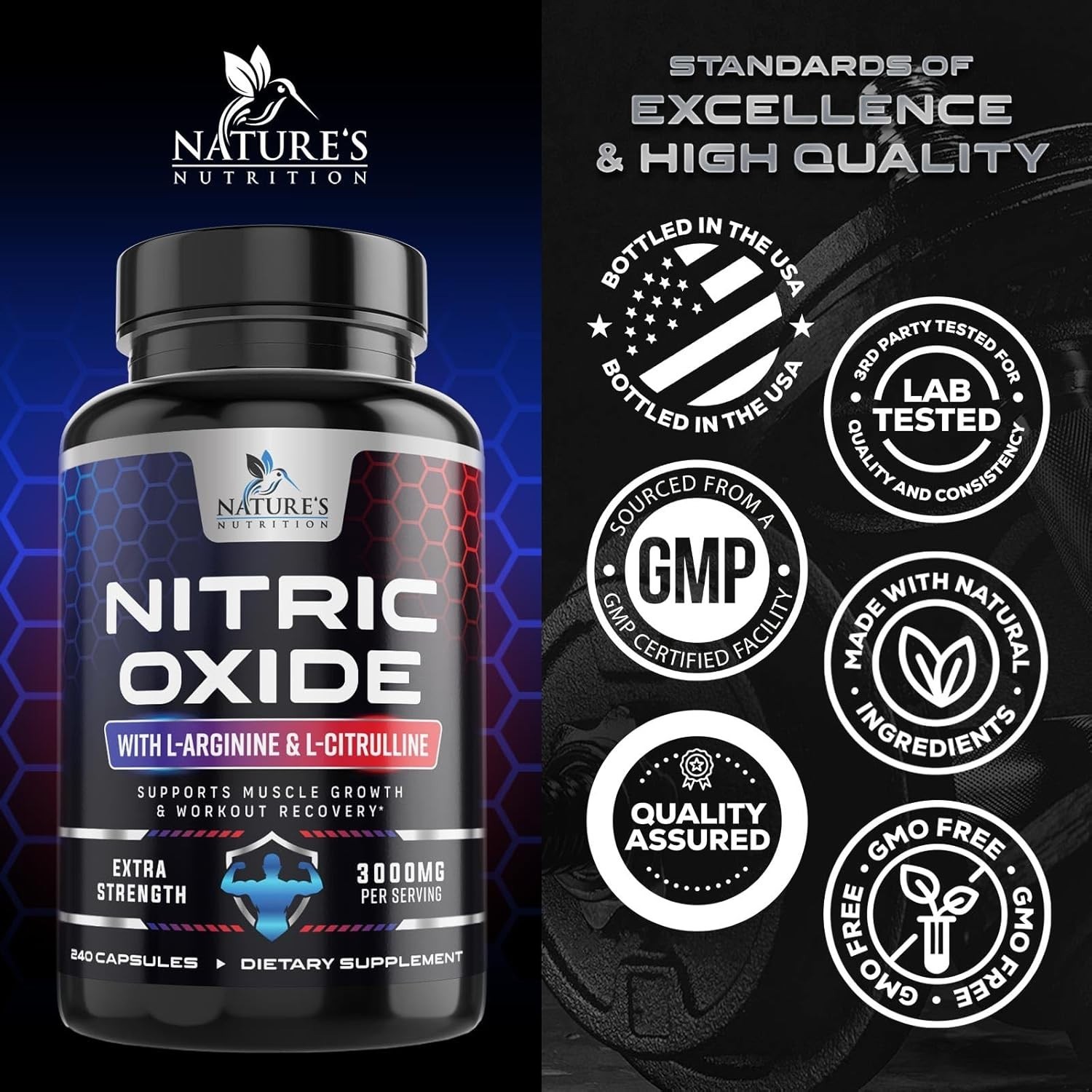 Nitric Oxide Booster Supplement w/ L-Arginine 2010mg Highest Potency Muscle Pump